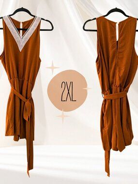Rust Belted Romper XXL V-Neck Lace Trim Boho Minimalist Playsuit